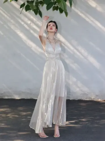 Elegant White A-Line V-neck Maxi Evening Dress Prom Dress RS464