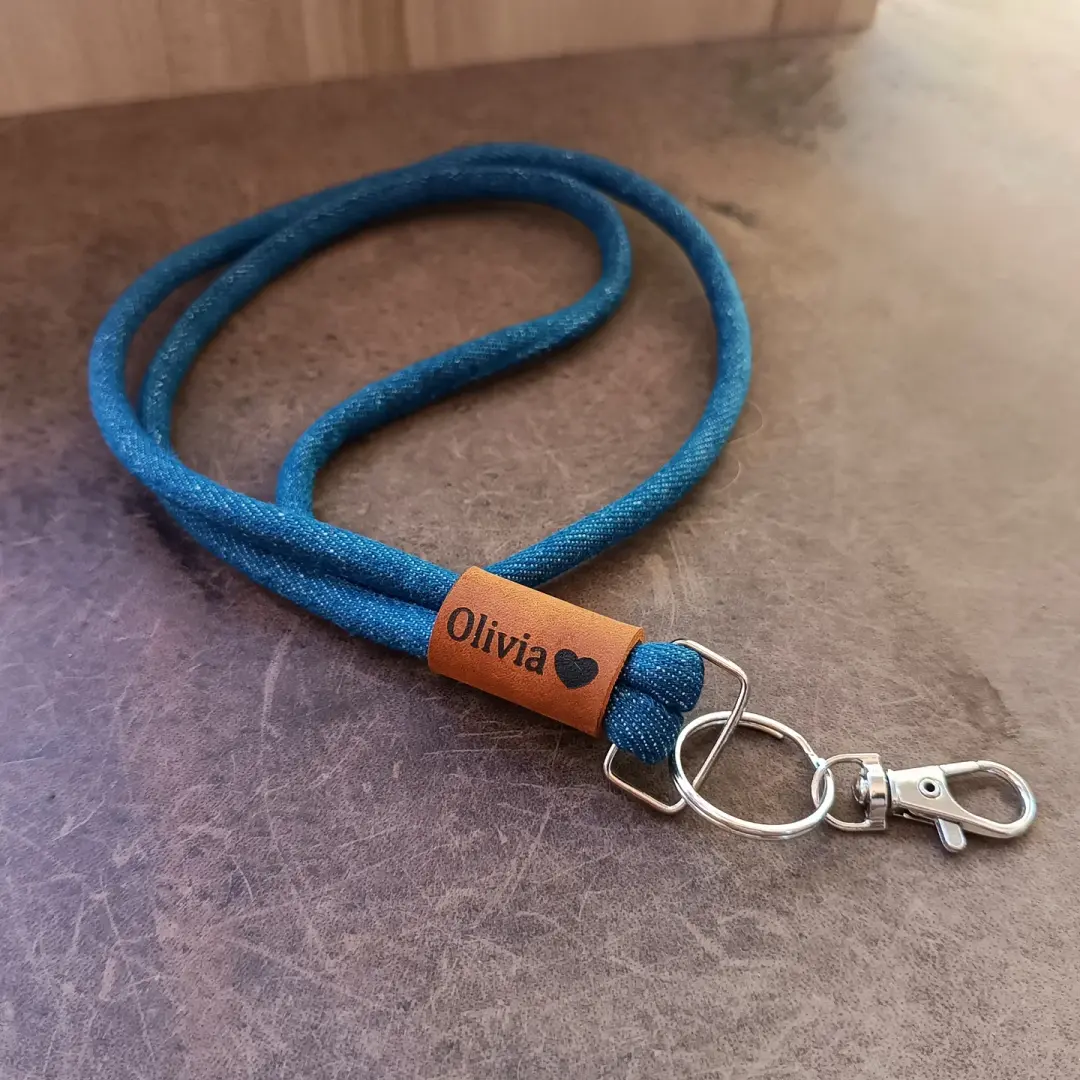 Denim & Leather Lanyard | Custom Engraved EDC Keychain