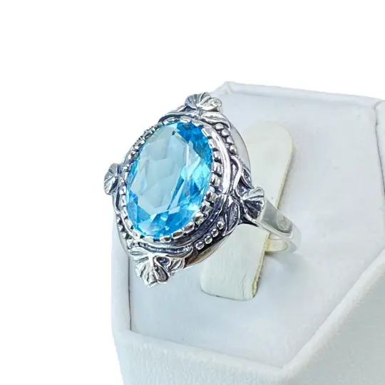 Aquamarine Ring, Size 7, Oval Wreath Filigree Ring - Vintage Art Nouveau Style Ring D74 - Ready to Ship