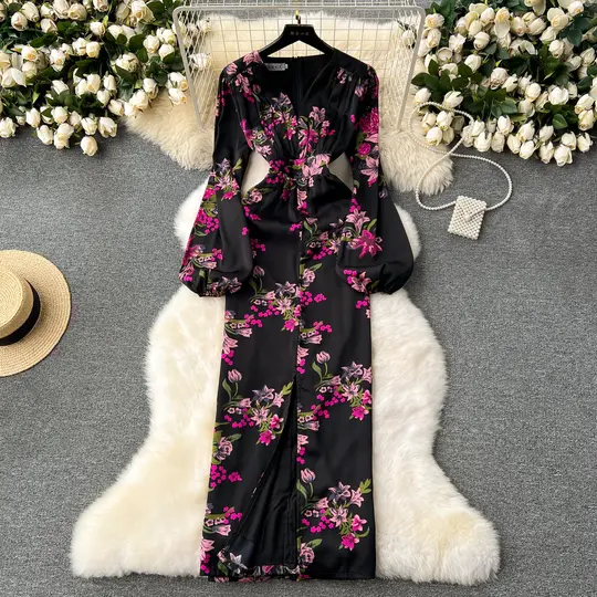Temperamental and elegant dress 2025 new waist lantern sleeves printed dress long skirt R2246