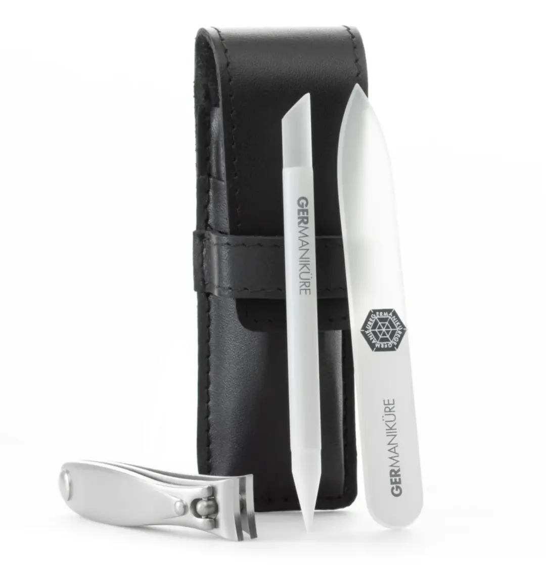 GERMANIKURE - Three Piece Travel Manicure Set -  Surgical Stainless Steel: Fingernail Clipper, Glass Nail File and Cuticle Stick (Black Case)