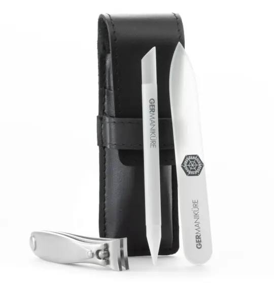 GERMANIKURE - Three Piece Travel Manicure Set -  Surgical Stainless Steel: Fingernail Clipper, Glass Nail File and Cuticle Stick (Black Case)