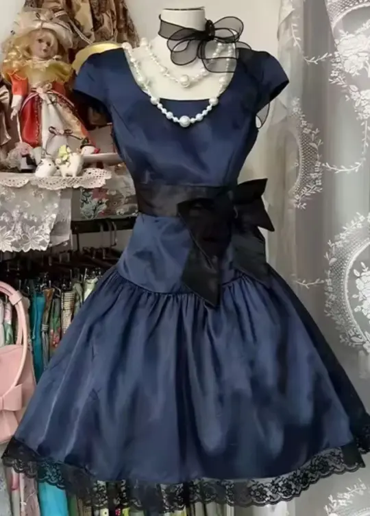 Navy Elegant Homecoming Dress , Silky Satin Lace Trim Corset Short Prom Dress RS1704