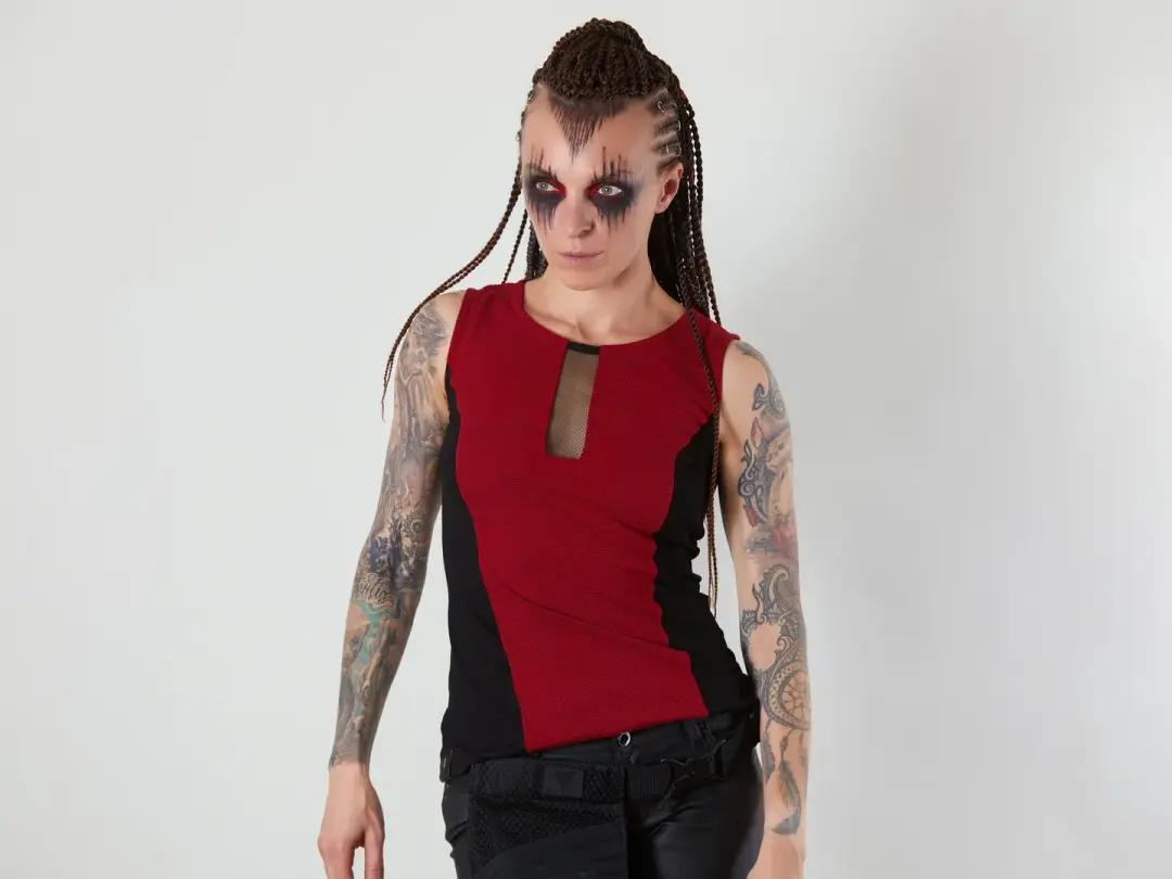 KA-6S Red sleeveless top with mesh