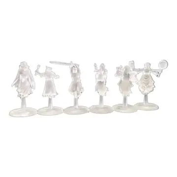 Unpainted 28mm 3D-printed six translucent ghost miniatures from a haunted castle household lined up together in clear resin, tabletop RPG miniature for D&D, Pathfinder & wargaming