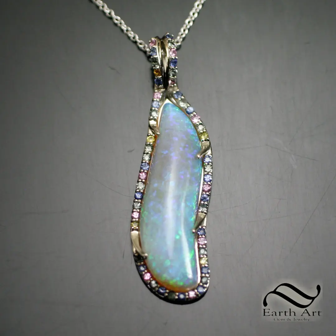 Opal and Pastel Sapphire Halo Pendant 14k