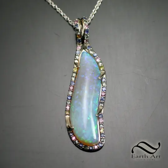 Opal and Pastel Sapphire Halo Pendant 14k