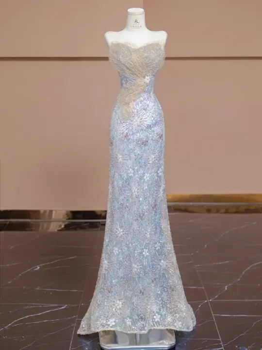 Light blue strapless, fitted, bodycon, sexy long rhinestone ball gown R8290