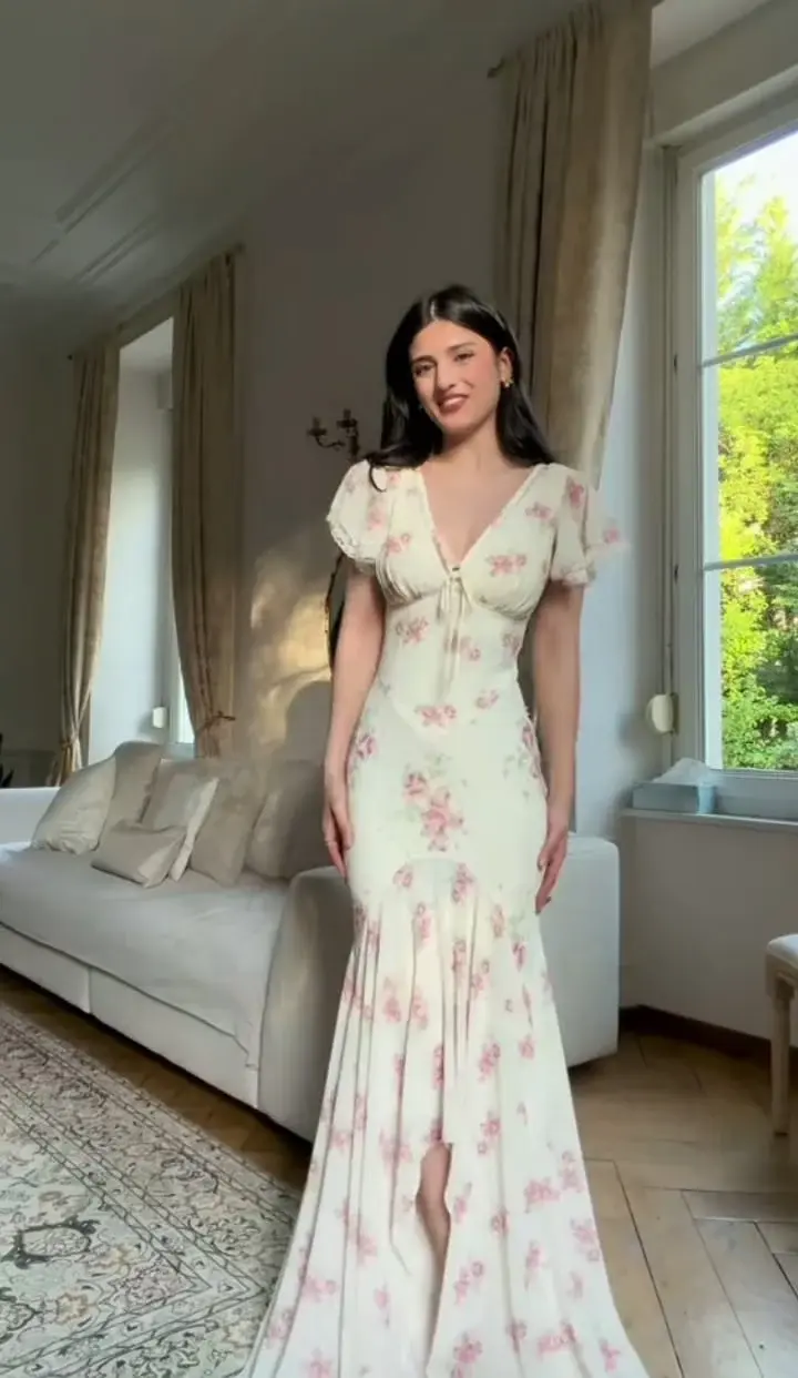 Fresh Floral Mermaid Women's Prom Gown Ivory Waist Fitted Maxi Evening Dress Birthday Dress — Fall Outfit 2026 New  RS3438