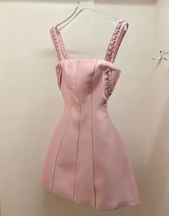 Pink cute suspender waist A-line short skirt homecoming dress R3398