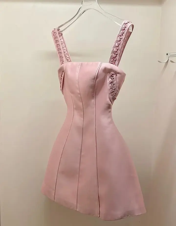 Pink cute suspender waist A-line short skirt homecoming dress R3398
