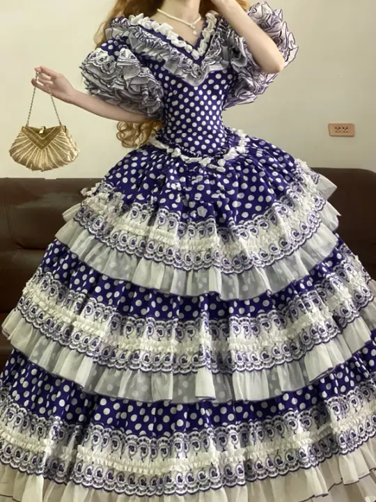 Purple V-Neck Waist-Cinched Fitted Polka-Dot Tiered-Hem Ball Gown, Bridal Gown R7324