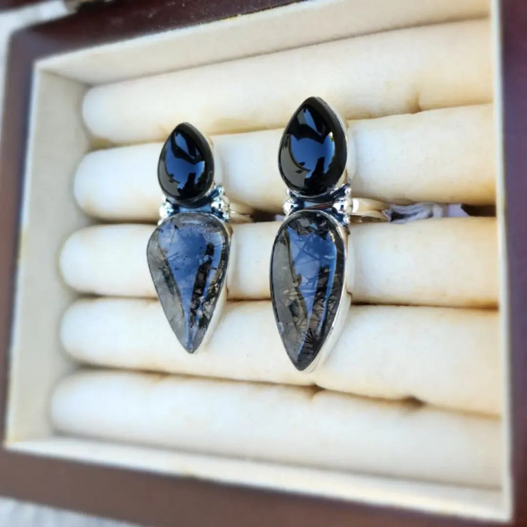 Polaris - Obsidian & Tourmalinated Quartz Ring in Sterling
