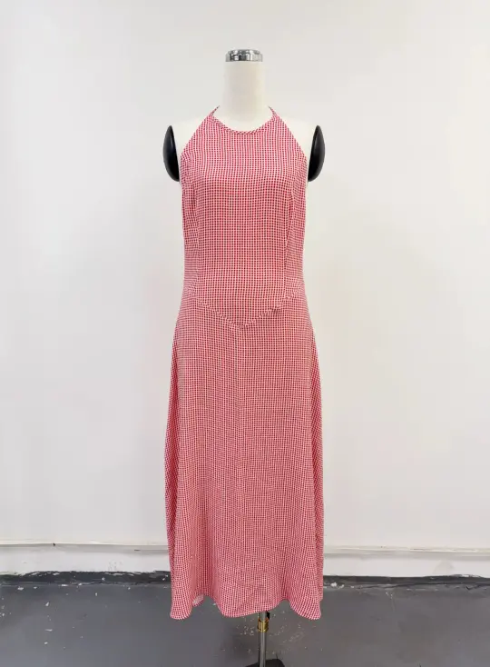 SAMPLE #363 - S/M Soft Linen Gingham Resort Dress - Red