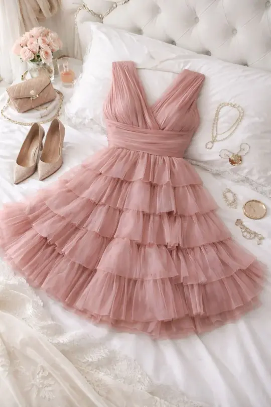 Sweet Blush Pink A-Line V-neck Ruffled Mini Summer Dress Homecoming Dress RS220