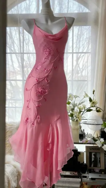 Embroidered Flowy Chiffon Corset Prom Gown , Barbie Pink Women's Maxi Party Dress RS2410