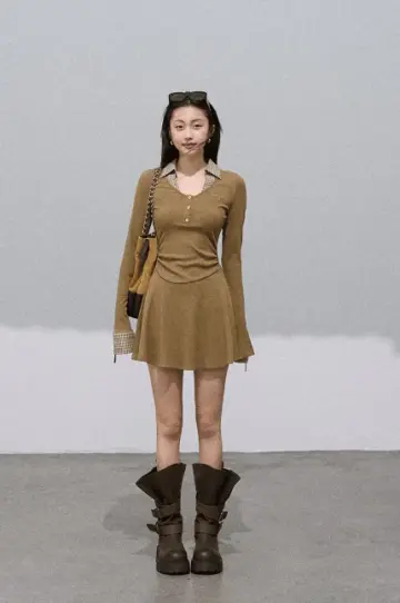 Korean Style Slim Fit Long Sleeve Mini Dress with Plaid Contrast and A-Line Skirt R9368