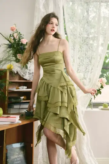 Olive Green Asymmetric Lace Cami Dress with Tiered Ruffle Skirt and Corset Back R9264