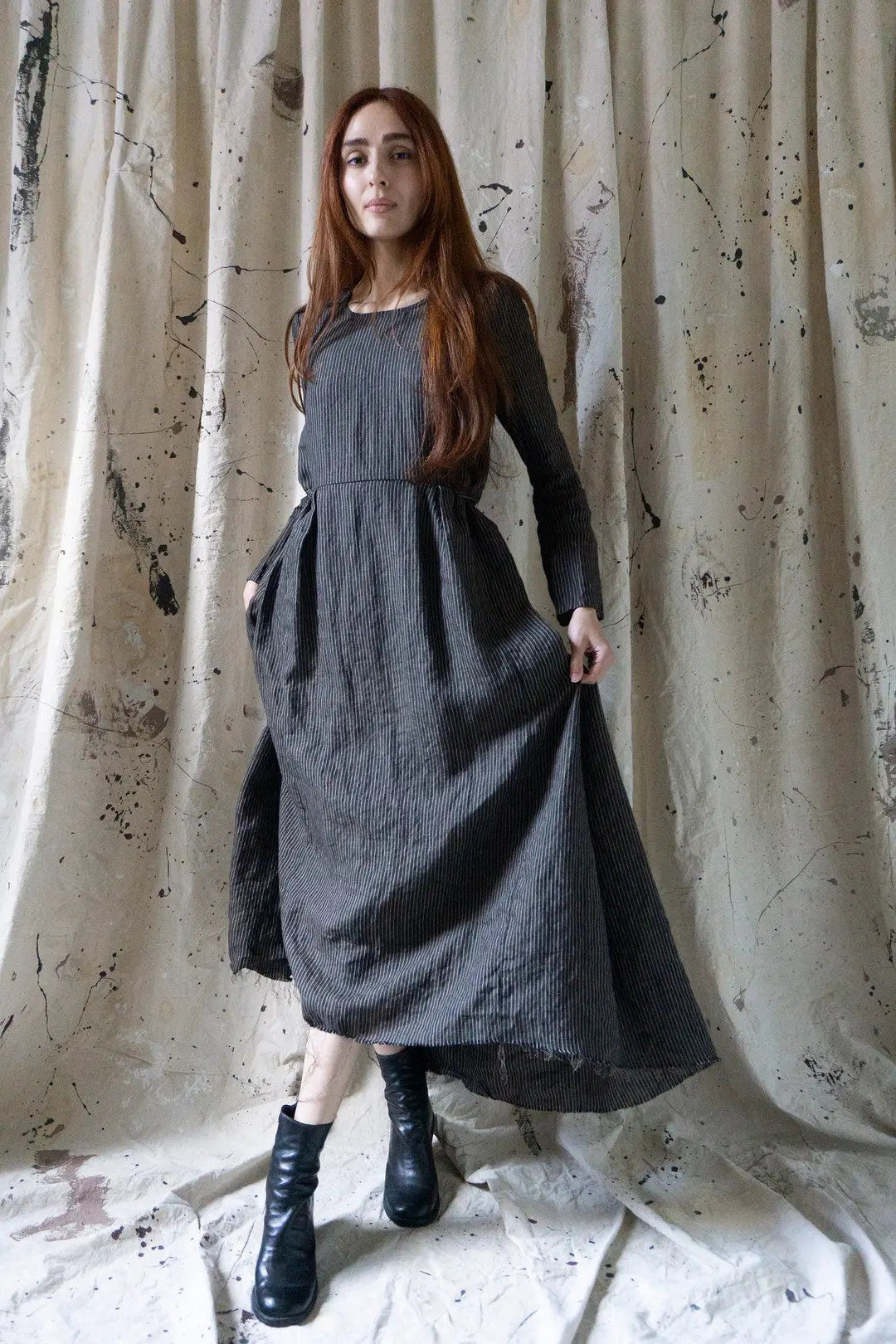 Heloise Linen Dress - Black Stripe