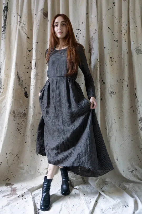 Heloise Linen Dress - Black Stripe