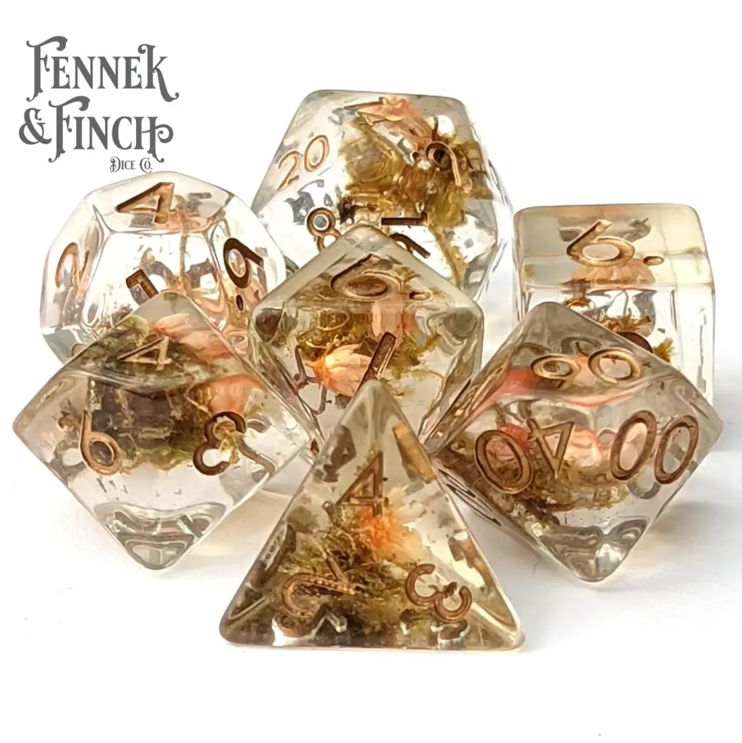 Orange Flowers and Moss DnD Dice Set - 7 Piece