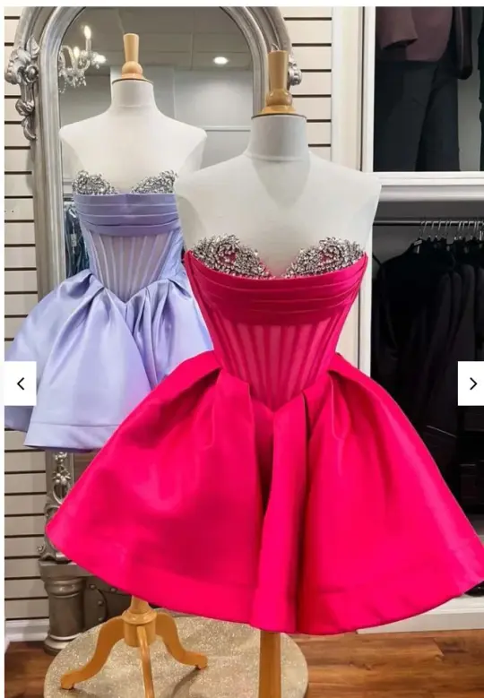 French Chic Hot Pink/Lavender A-Line Strapless Satin Corset Mini Dress Homecoming Dress RS202