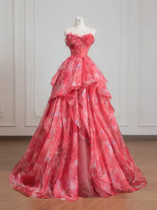 Pink floral strapless cinched waist ball gown with a full skirt R8230