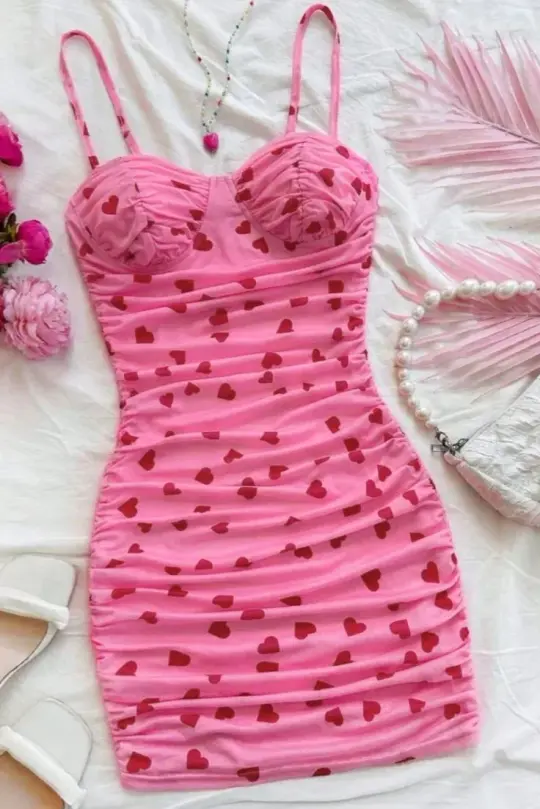Pink suspenders waist slim pleated short skirt homecoming dress R3229
