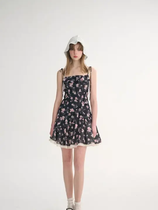 French style skirt short suspender skirt floral dress small flower skirt R2753