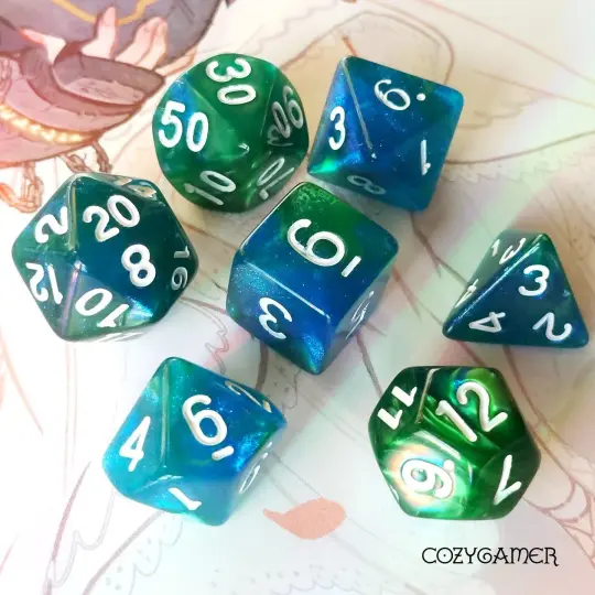 Fireflies Forest Glitter Acrylic Dice Set. TTRPG 7 Piece Dice
