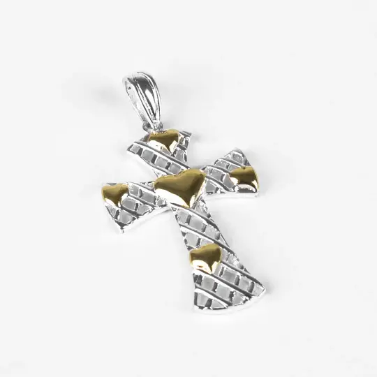 Golden Hearts on Silver Cross Pendant