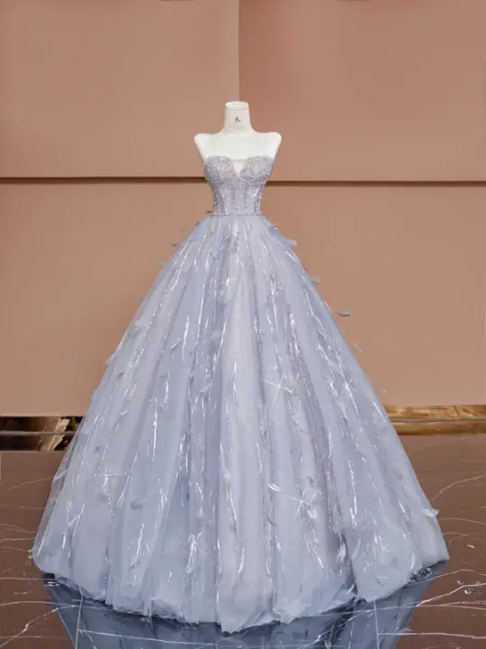 Light blue strapless, fitted waist, full skirt, long ball gown R8403