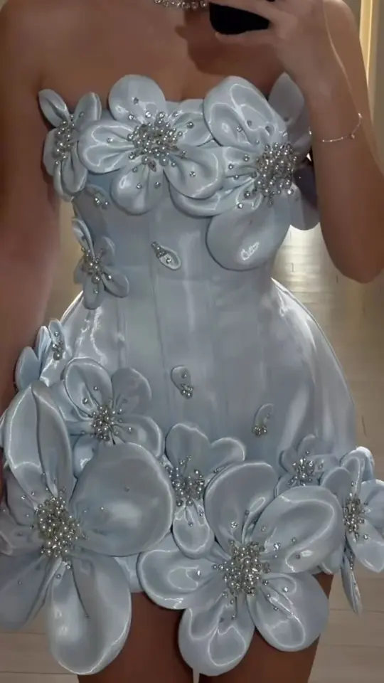 Unique Pale Blue A-Line Strapless 3D Floral Beaded Bodycon Mini Dress Homecoming Dress RS155