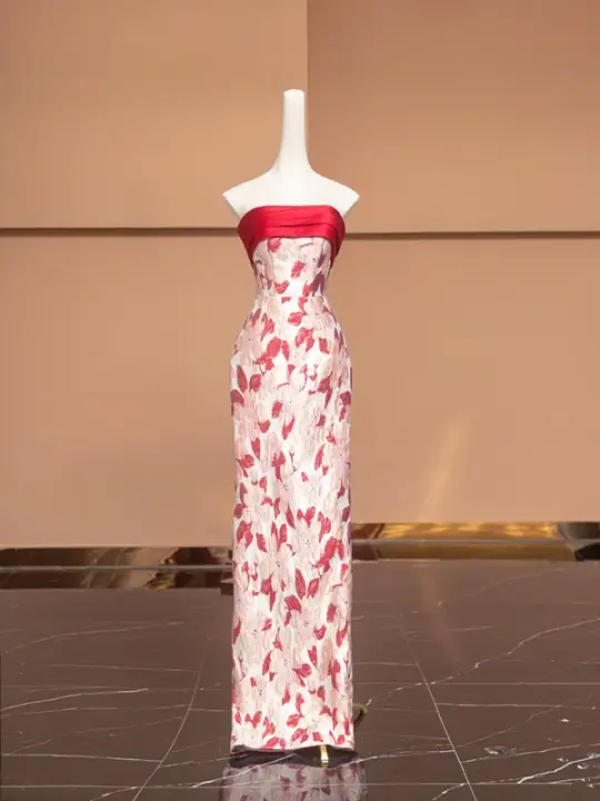Red strapless floral print fitted long ball gown/bridal dress R8494