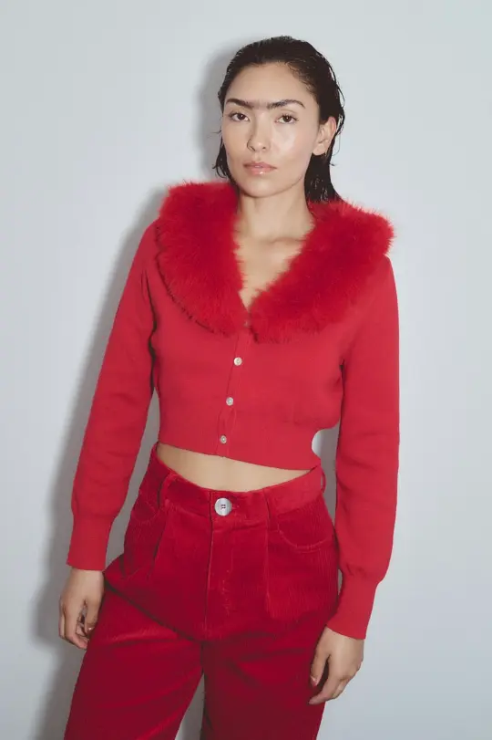 Red Faux Fur Collar Cardigan