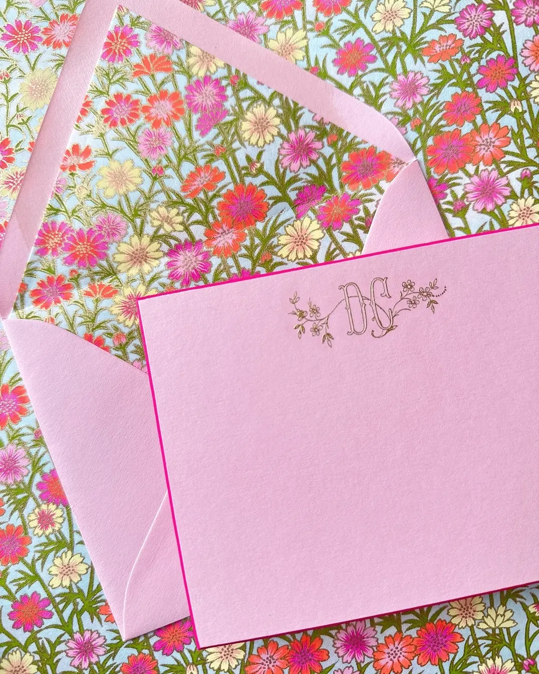 Engraved Japanese Liner Zinnias Pink Lined Women's Stationery