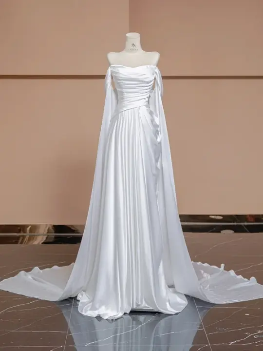 White satin off-the-shoulder fitted long elegant ball gown/bridal dress R8338