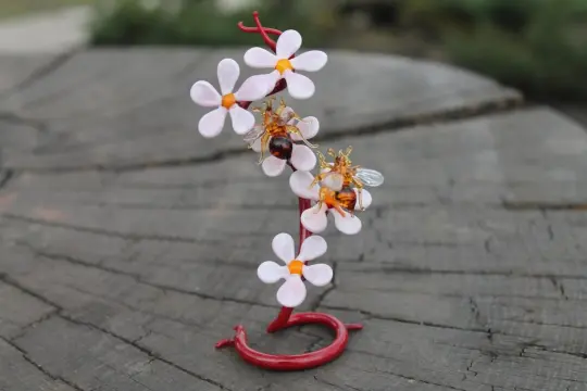 Handmade Murano Glass Flower Sculpture With Bees On Red Stem