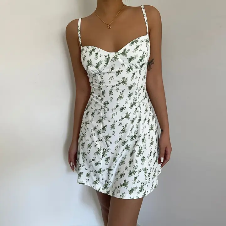 European and American style low-cut backless sexy suspender floral dress high waist slim A-line hip skirt R3038