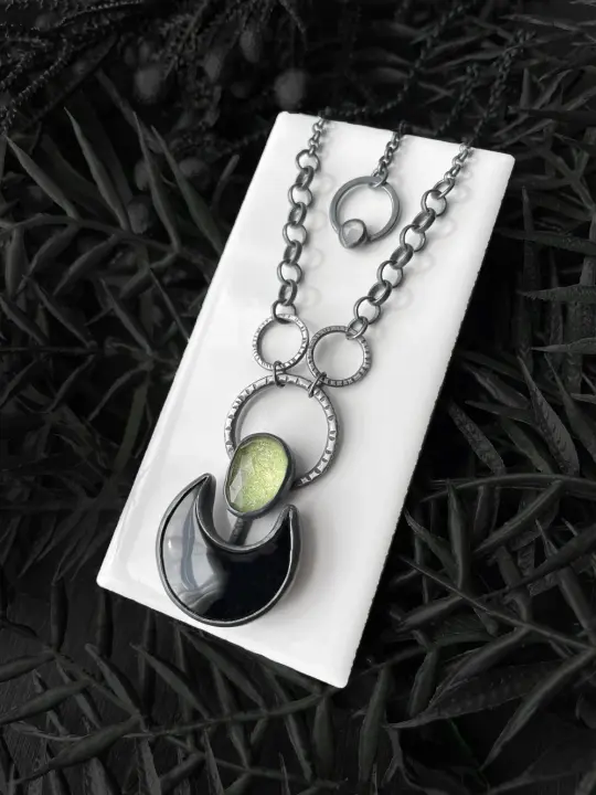 Quartz and Black Onyx Moon Pendant