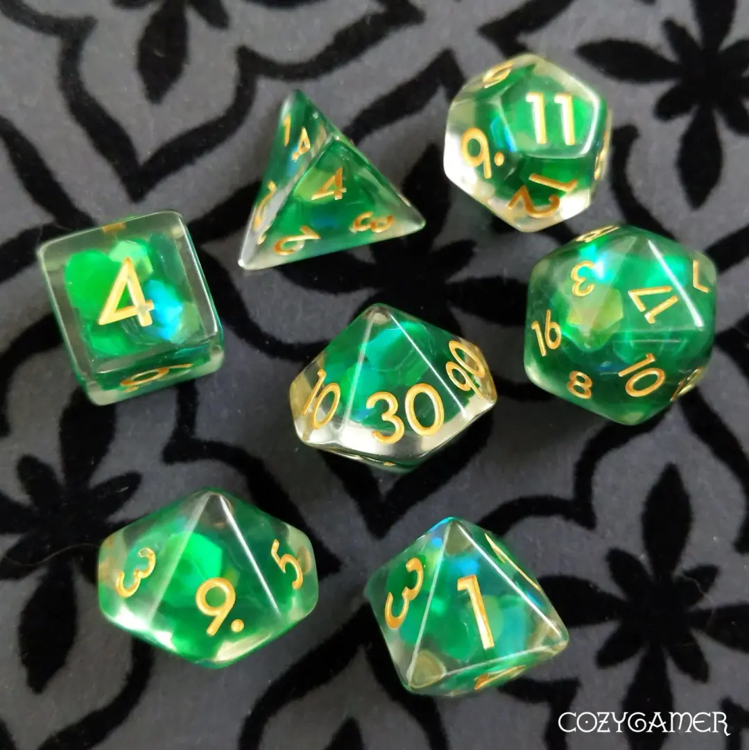 Forest Glint Dice Set – 7-Piece Clear Resin Green Iridescent Hexagon Glitter DnD
