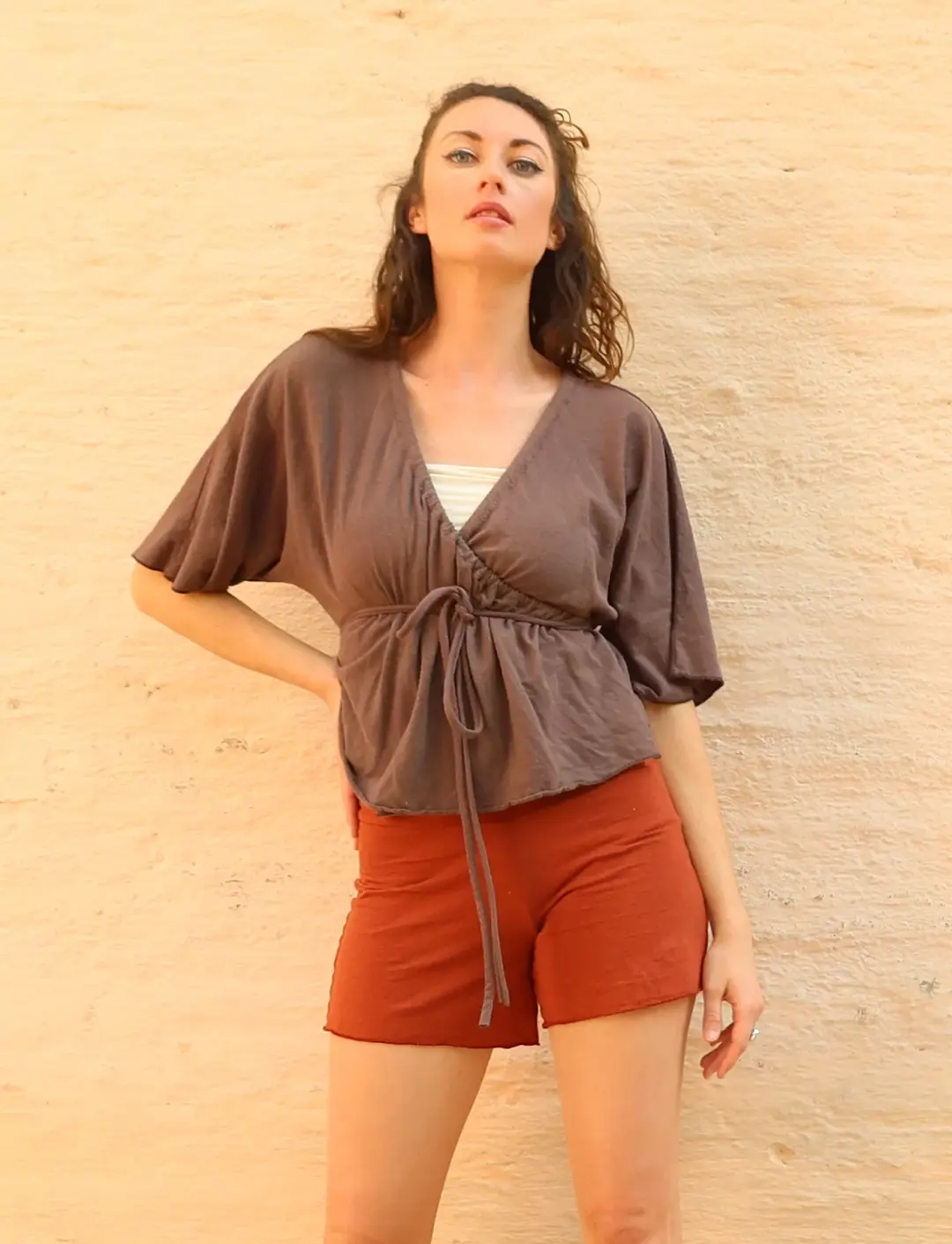 Drawstring Wrap Kimono Cropped Shirt