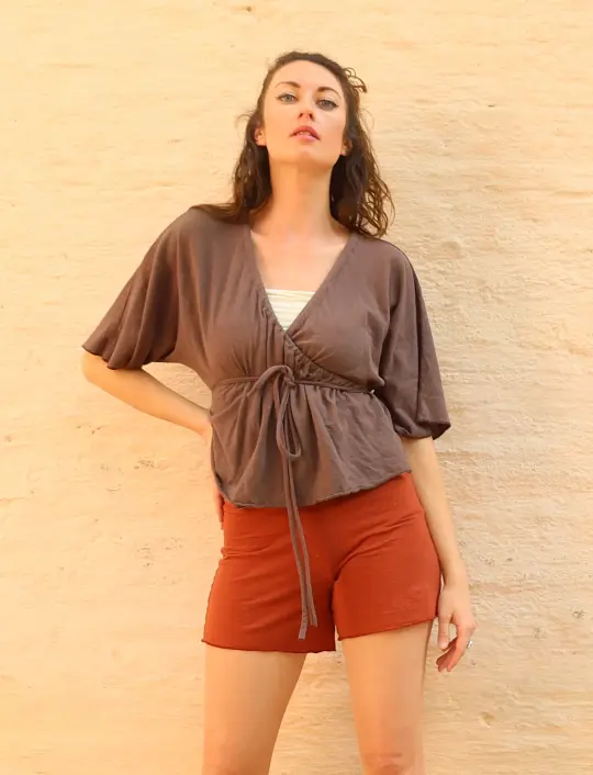 Drawstring Wrap Kimono Cropped Shirt