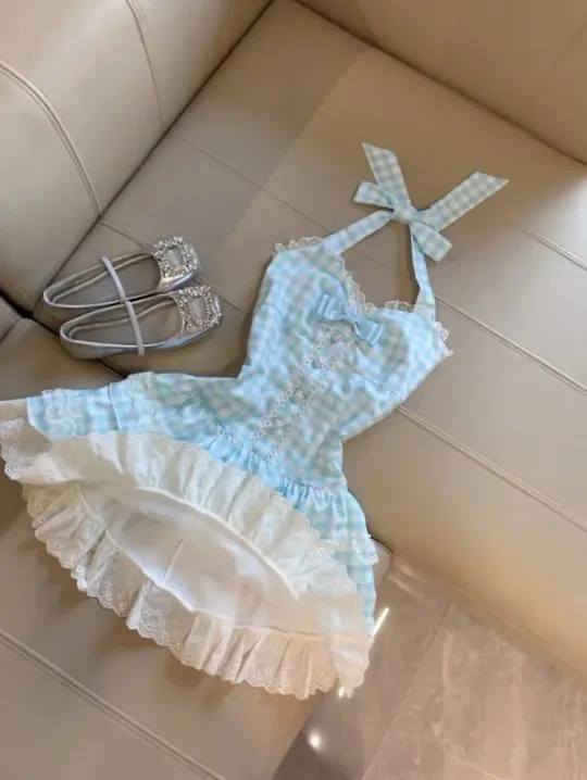 Fresh Pale Blue Striped Homecoming Dress ,A-Line Halter Corset Cute Summer Dress RS992