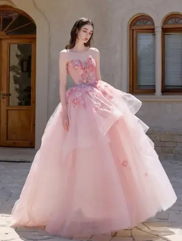 Tulle Puffy Applique Corset Prom Gown ,Romantic Pink Maxi Birthday Dress Quinceanera Dress RS1935