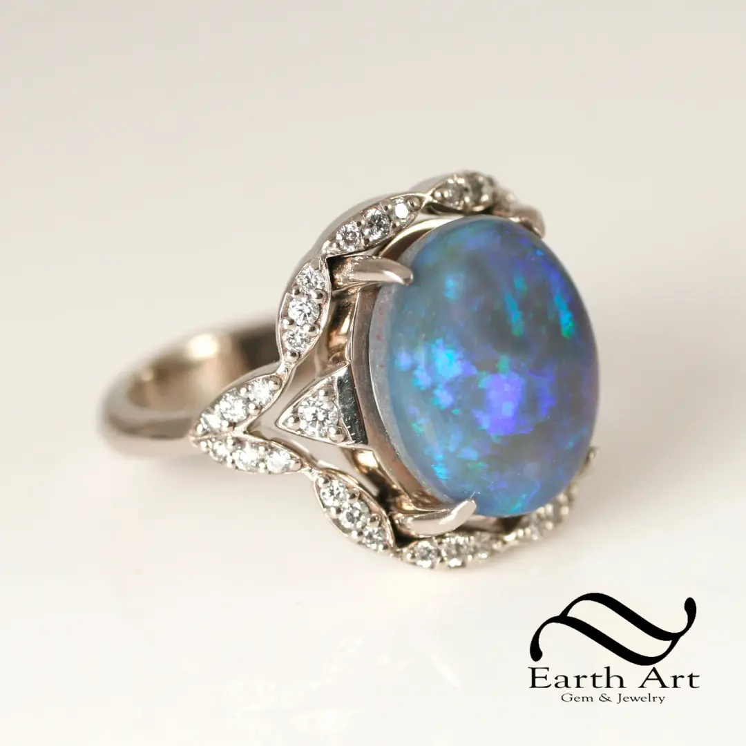 5 ct Australian semi black crystal Opal ring in 14k white