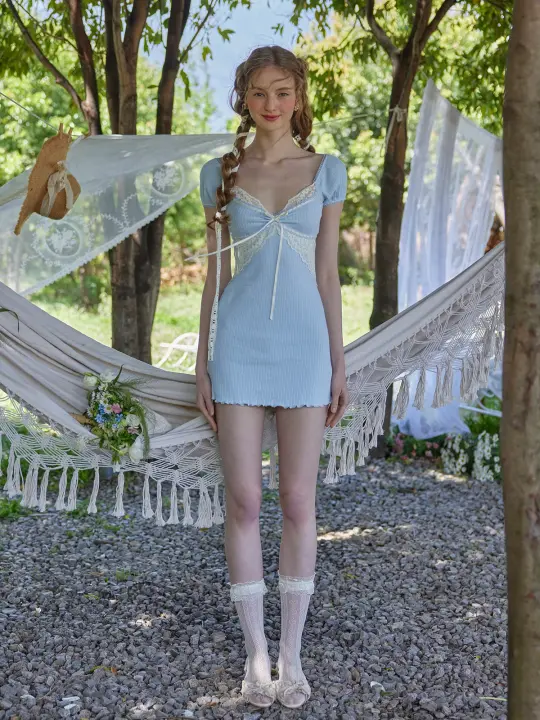 French pastoral style girly soft and versatile blue knitted dress homecoming dress R5148