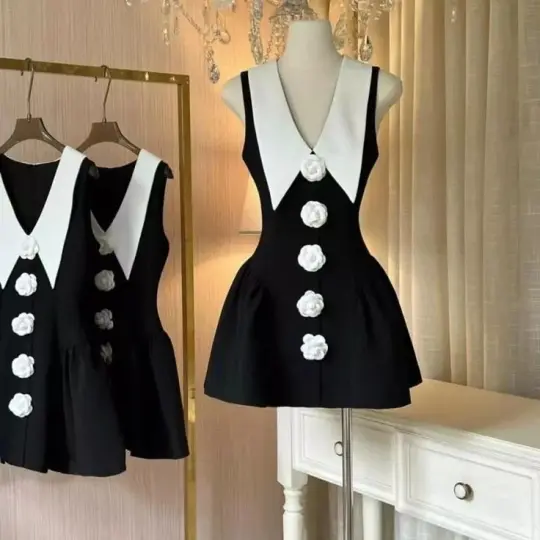 Black slim-fit A-line skirt V-neck three-dimensional flower homecoming dress R2517