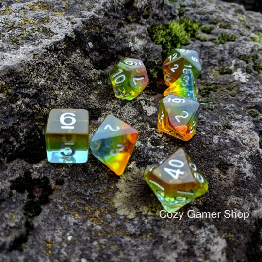 Sunrise Dice Set – Layered Blue, Green, Yellow & Orange with Silver Numbers
