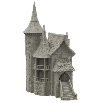 An unpainted, light grey 3D-printed tabletop miniature of a medieval fantasy mansion. The structure features a prominent, tall stone tower on the left with a textured conical roof and spire, which connects to a semi-circular, two-story wooden balcony section. The main house includes a stone brick foundation, half-timbered upper walls, and a wood-shingled roof. A grand stone staircase leads up to a covered, arched entranceway on the right. Isolated on a white background.